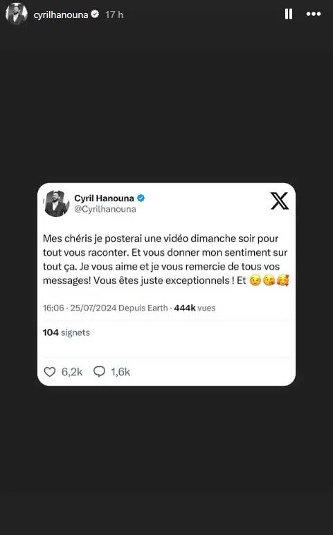 Le message de Cyril Hanouna posté sur Twitter